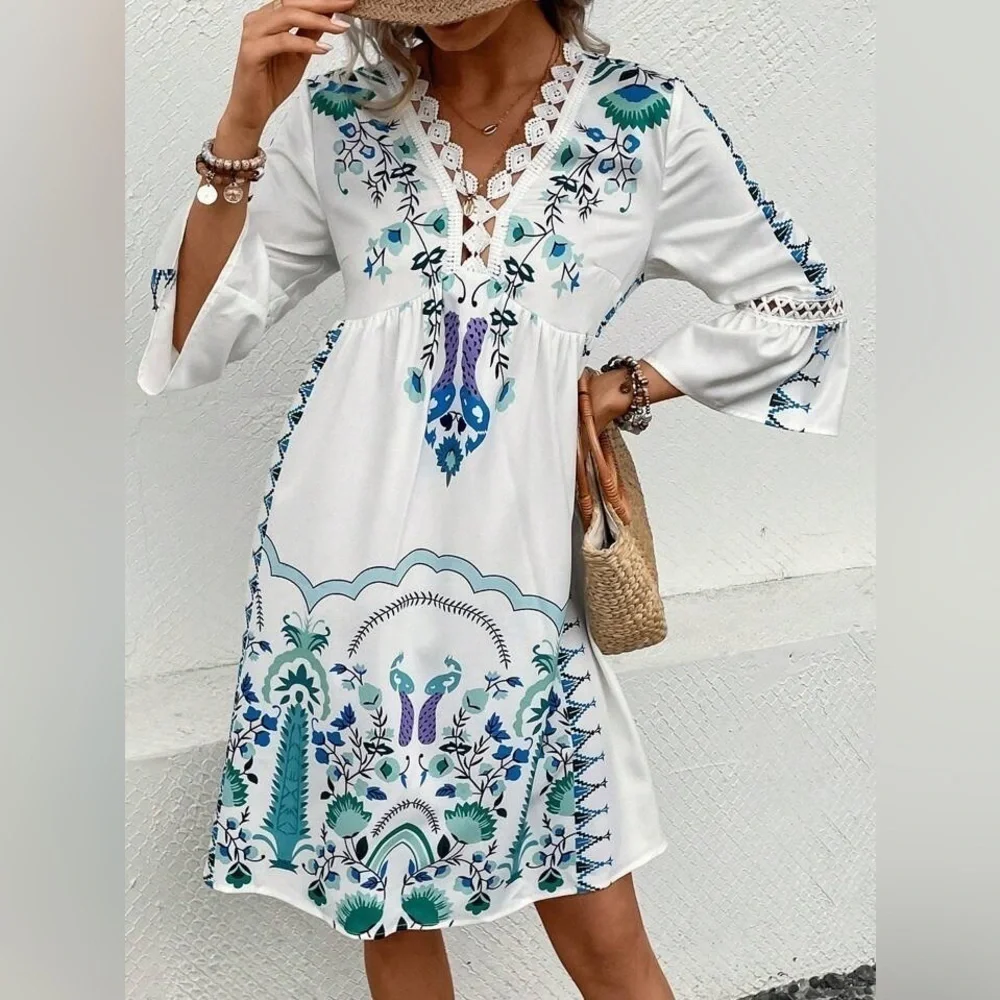 Boho Print Lace Hem Midi dress all sizes